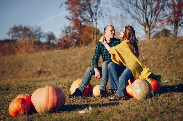 beautiful couple spends time in an autumn park 