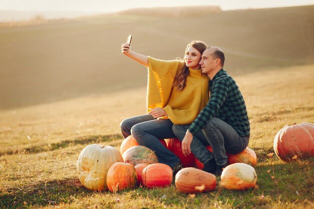 beautiful couple spends time in an autumn park 