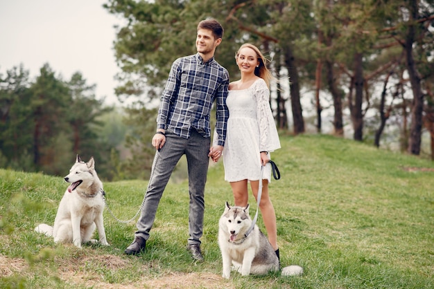 Beautiful couple in a summer forest with a dogs