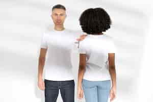 Free photo beautiful couple wearing blank shirt mockup