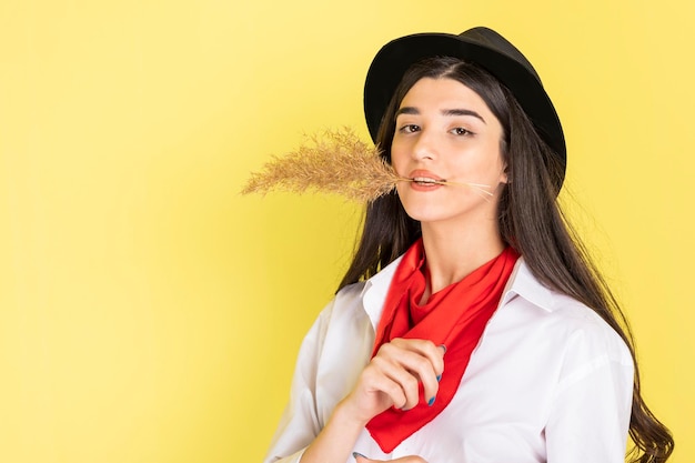 Beautiful cow girl on yellow background High quality photo