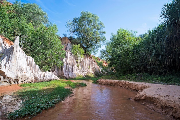 ベトナム​の​ムイネー​に​ある​赤​と​白​の​砂岩​の​美しい​小川​の​妖精​。​川​は​峡谷​を​流れています​。​ユニークな​自然​の​魅力​の​美しい​風景