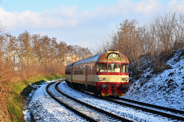 Красивый чешский пассажирский поезд с вагонами.