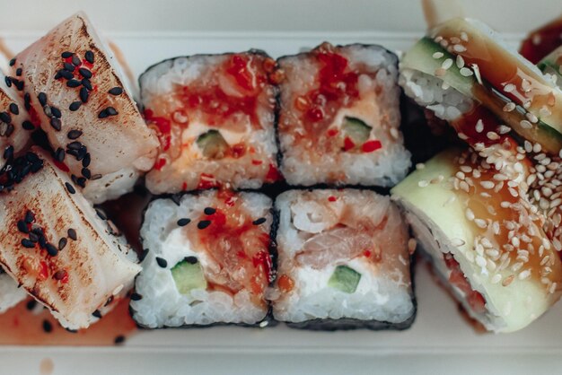 Beautiful delicious sushi Sushi delivery Advertising sushi rolls made of fish and cheese