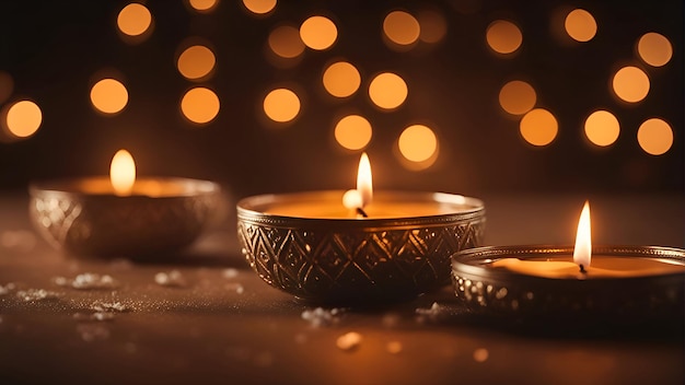 Free photo beautiful diwali diya with bokeh on dark background