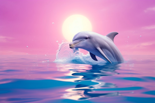 Beautiful dolphin swimming at sunset