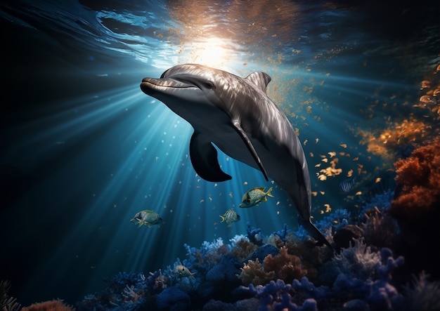 Free photo beautiful dolphin swimming underwater