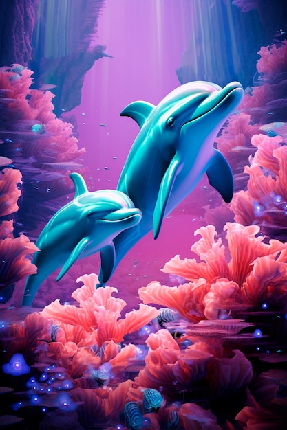 Красивые дельфины плавают возле кораллового рифа