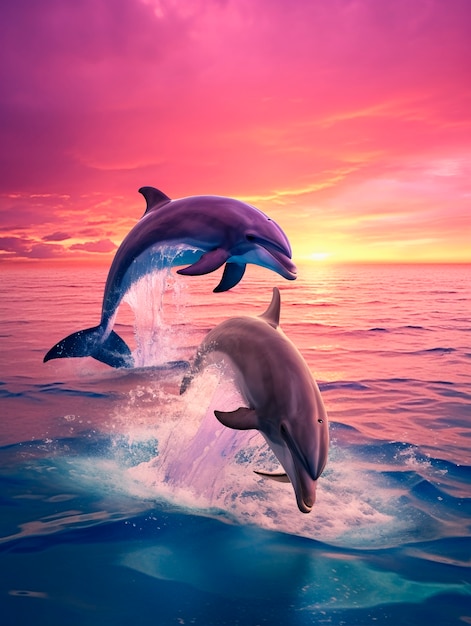 Free photo beautiful dolphins swimming at sunset