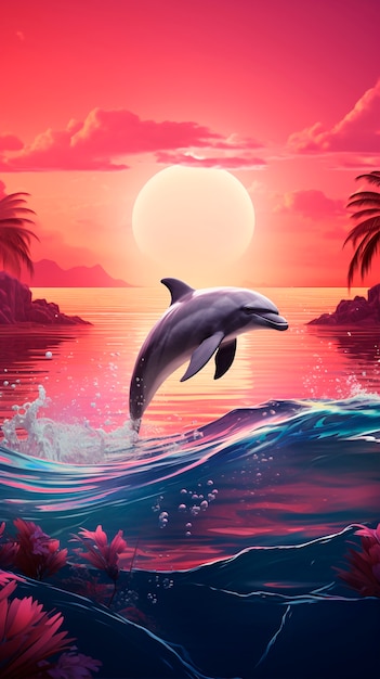 Free photo beautiful dolphins swimming at sunset