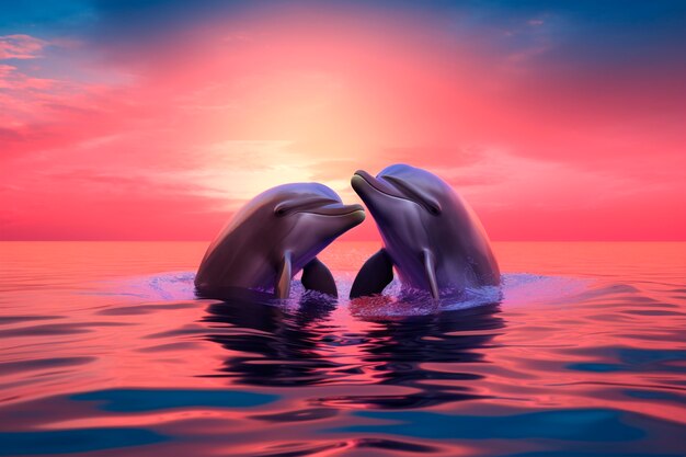 Beautiful dolphins swimming at sunset