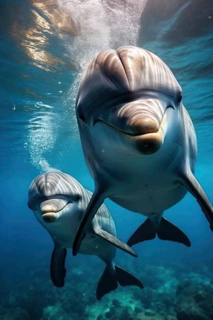 Bellissimi delfini che nuotano insieme