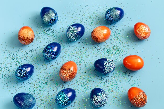 Beautiful Easter blue and orange decorative eggs .