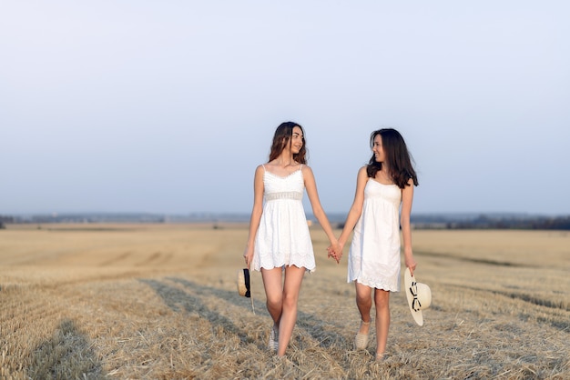 Beautiful elegant girls in a autumn wheat field