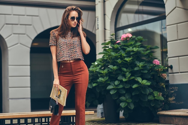 Free photo beautiful fashionable brunette wearing trendy clothing and sunglasses.