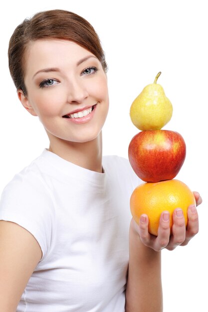 Beautiful female portrait with representation of fruits isolated