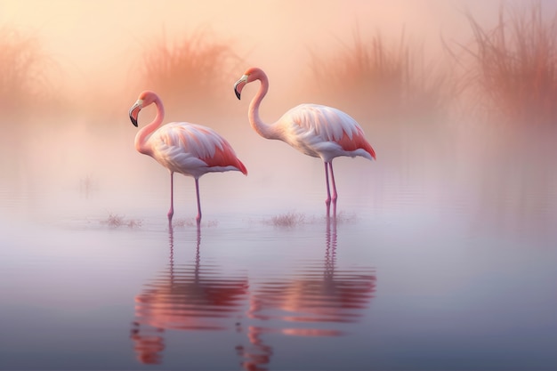 Красивые фламинго в озере
