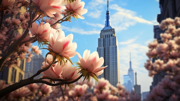 무료 사진 아름다운 꽃과 엠파이어 스테이트 빌딩