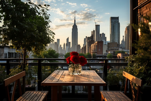 Free photo beautiful flowers and  empire state building