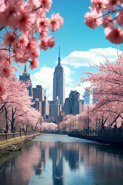 Free photo beautiful flowers and  empire state building