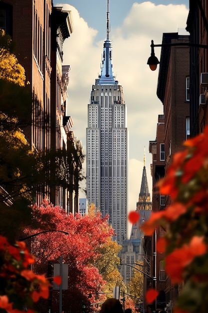 Free photo beautiful flowers and  empire state building