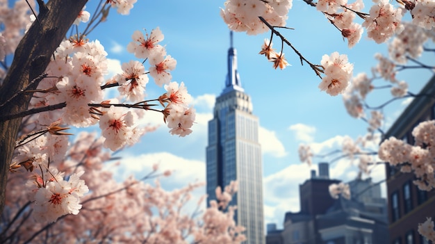 Free photo beautiful flowers and  empire state building