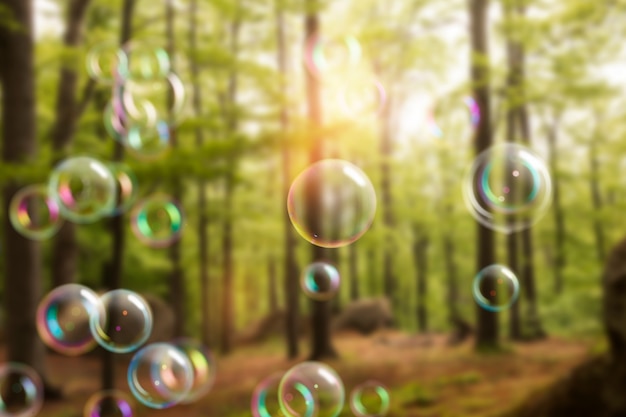 Beautiful forest landscape and soap bubbles