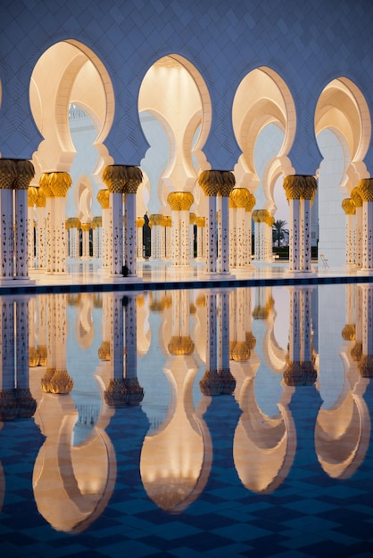 Beautiful gallery of famous sheikh zayed white mosque in abu dhabi  uae. reflections at sunset