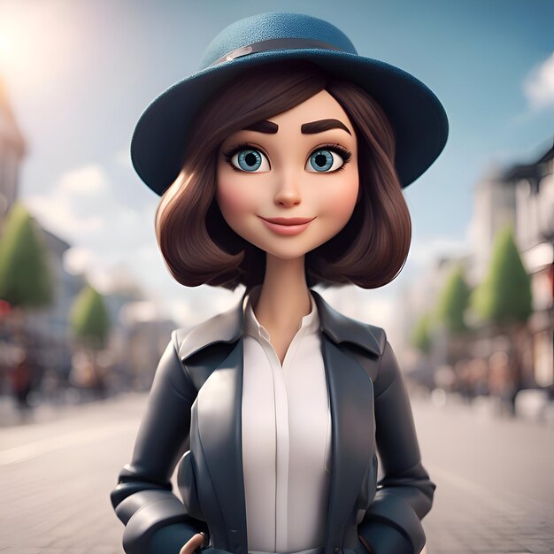 Beautiful girl in a hat on the city street 3d rendering