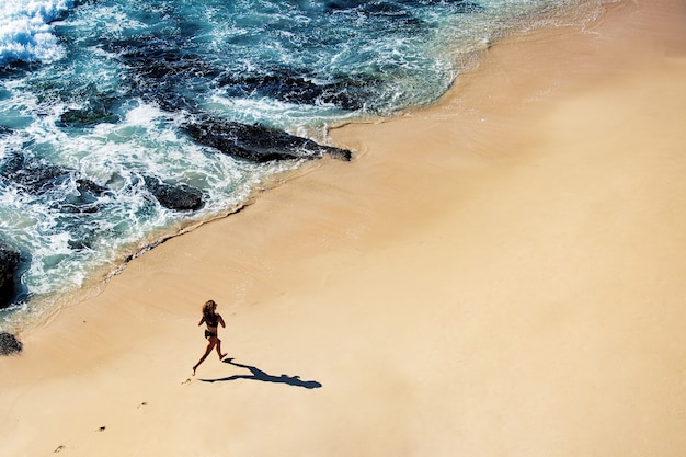 아름다운 소녀는 야생 해변을 따라 걷는다. 놀라운 평면도.