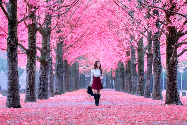 Beautiful Girl with Pink Leaves in Nami Island, South Korea