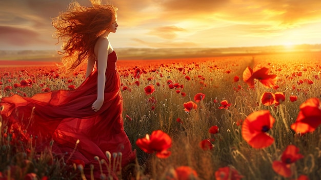 Free photo a beautiful girl with red hair in a red dress in a lake of poppies