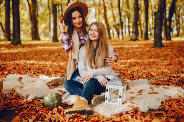 Beautiful girls have fun in a autumn park