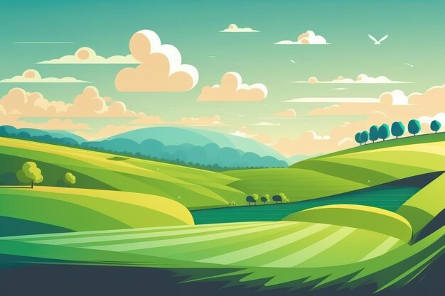 Beautiful green hills mountains sky and clouds in cartoon style Generative AI