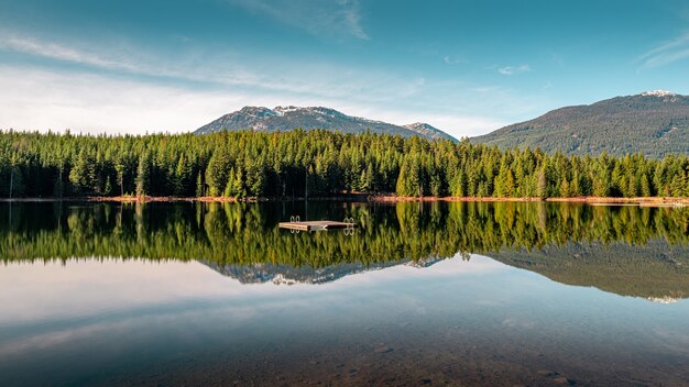Beautiful green scenery reflecting in the Lost Lake in Whistler, BC Canada