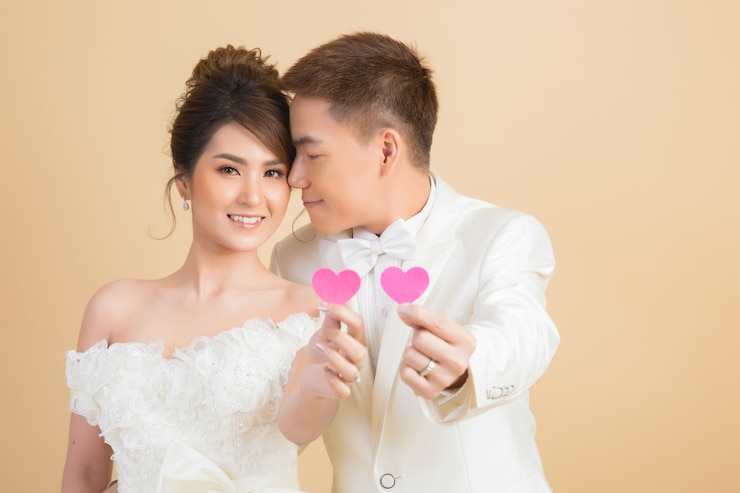 無料Photo スタジオでの結婚式で美しい幸せなカップル