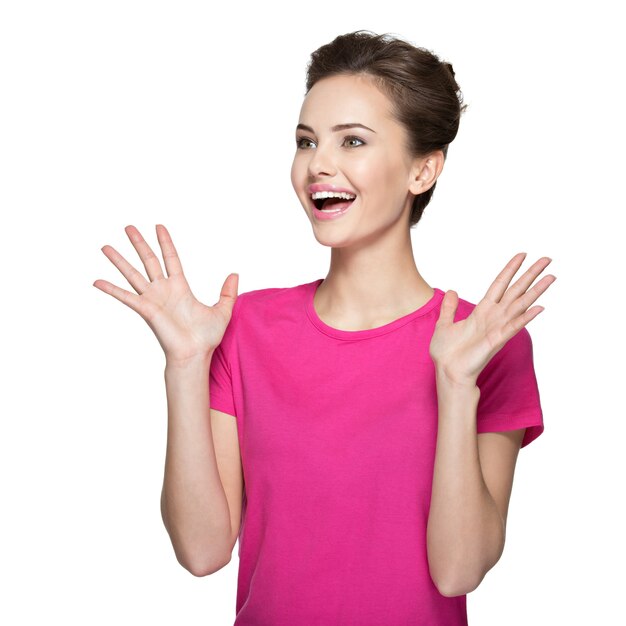 Beautiful happy surprised woman with positive emotions  - isolated