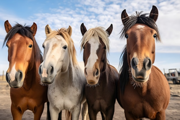 Free photo beautiful horse herd lined up