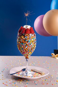 생일을 축하하기 위해 딸기와 휘핑크림으로 장식된 아름다운 아이스크림 그릇. 복사 공간