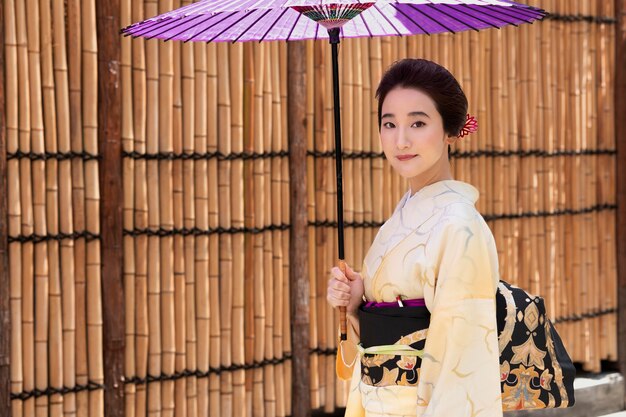 Beautiful japanese woman in kimono with copy space