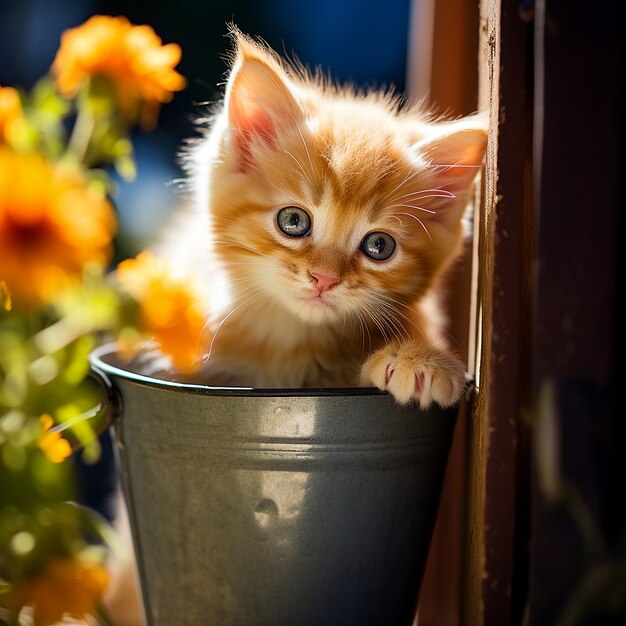 실내에 꽃을 들고 있는 아름다운 새끼 고양이