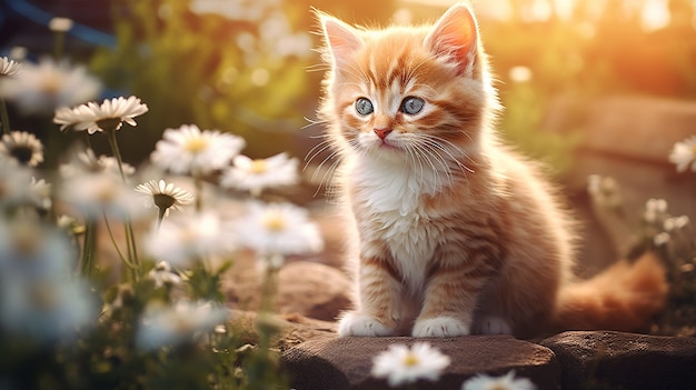 Free photo beautiful kitten with flowers outdoors