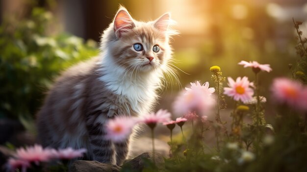 Beautiful kitten with flowers outdoors