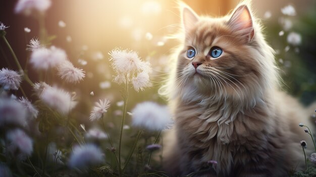 Beautiful kitten with flowers outdoors