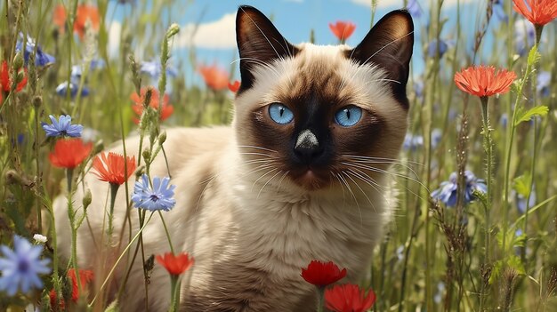 屋外で花を持つ美しい子猫