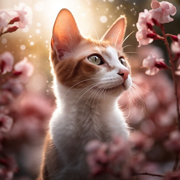 야외에 꽃을 들고 있는 아름다운 새끼 고양이