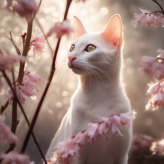 屋外で花を持つ美しい子猫