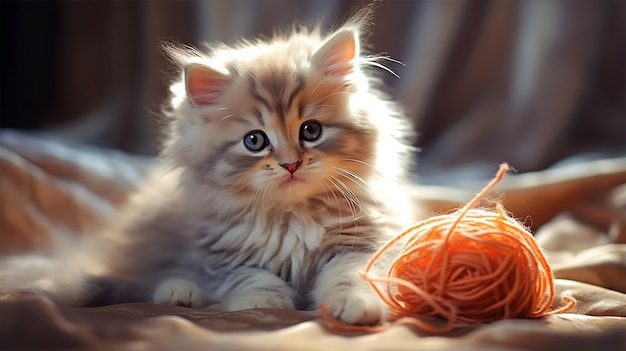 Beautiful kitten with thread indoors