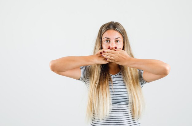 Beautiful lady in t-shirt holding hands on her mouth and looking scared , front view.