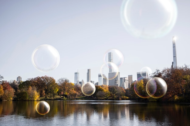 Free photo beautiful lake landscape with soap bubbles